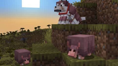 Armadillos on a hill and a wolf in armor in front of a sunset in Minecraft