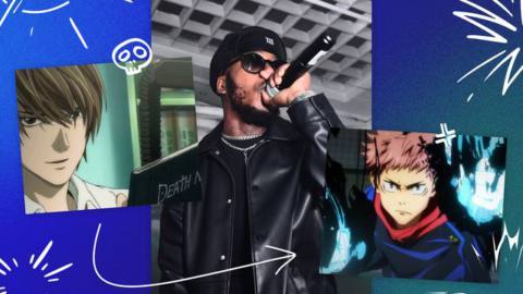 A header image featuring a photo of Che Lingo, UK-based rapper-songwriter, flanked by images from Death Note and Jujutsu Kaisen.