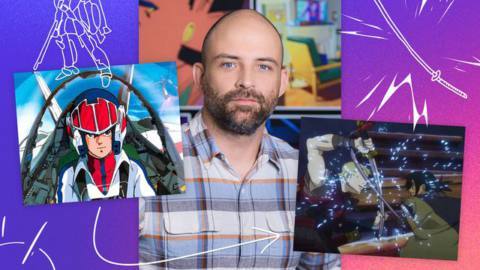 A header image featuring a photo of Joaquim Dos Santos, Portuguese American animator-director, flanked by images from Macross and Sword of the Stranger.