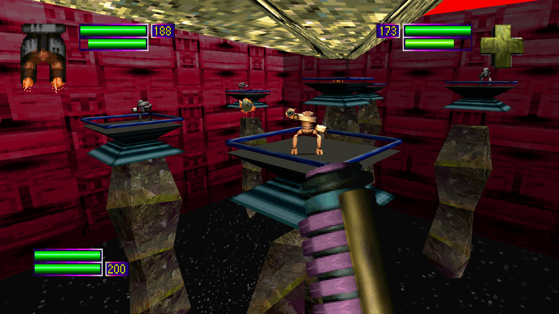 Fighting enemies suspended on platforms in space.