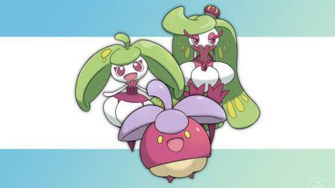 Shiny Bounsweet, Steenee, and Tsareena on a blue and green gradient background