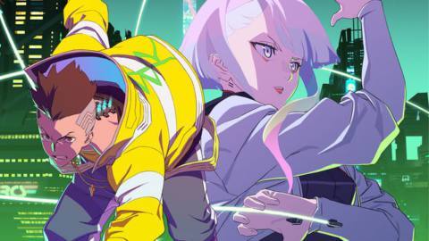Key art poster of David and Lucy from the Cyberpunk: Edgerunners anime.