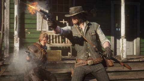 An image from Red Dead Redemption 2 shows a woman and man firing guns