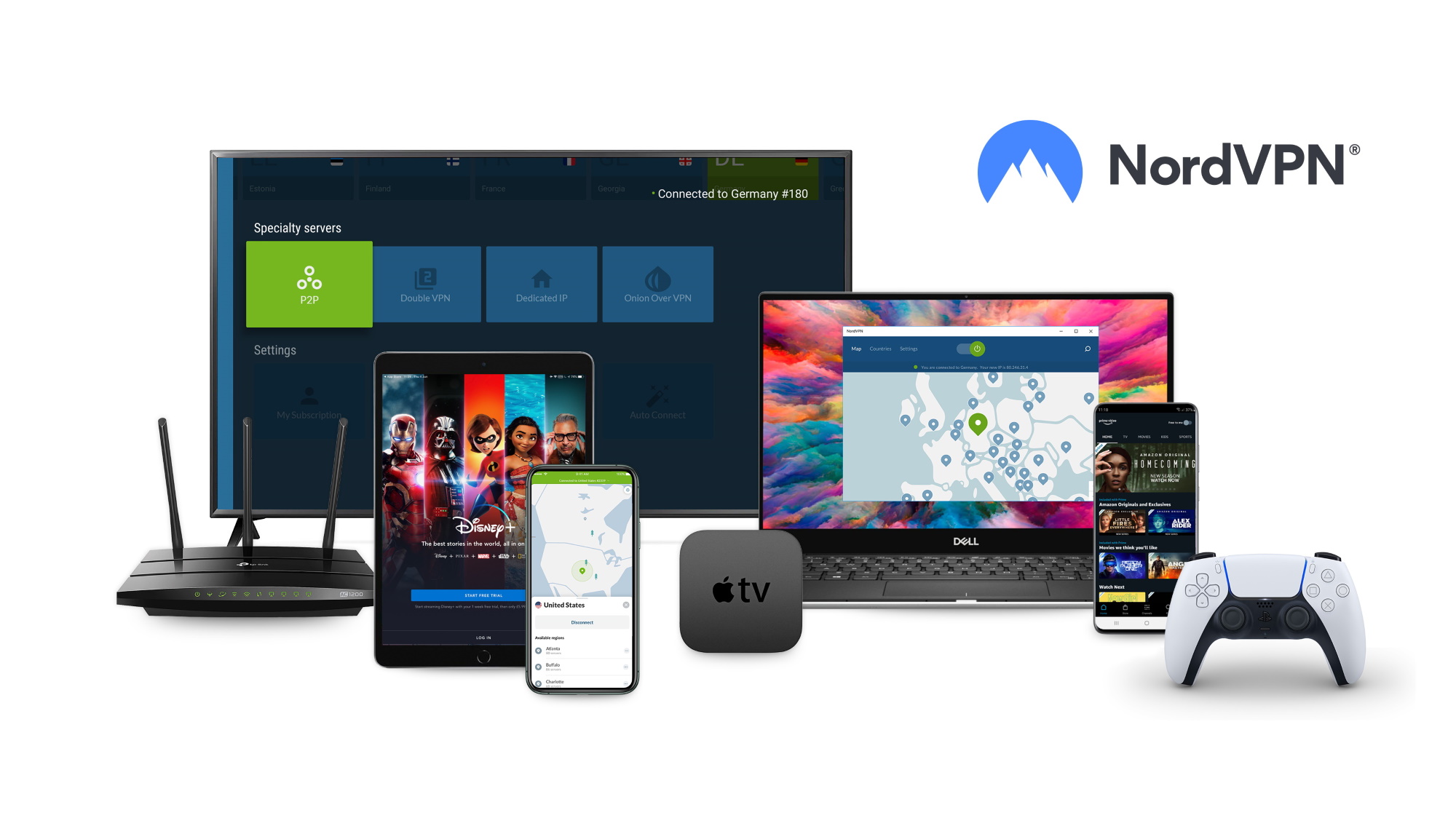NordVPN running on a desktop, mobile devices, Apple TV, a router and game consoles