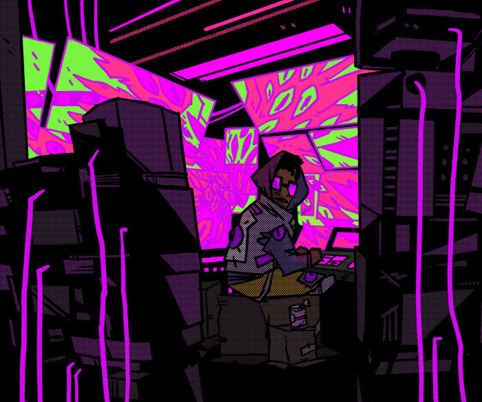 A hacker at a large computer in Voidheart Symphony.