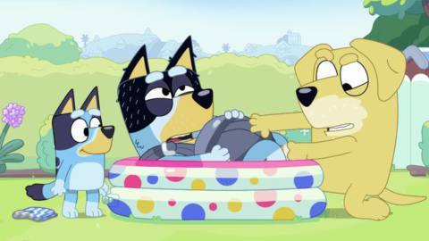 A still from Bluey. Dad lies in a birthing pool in the garden, wearing a baby carrier, with a pained look on his face. Lucky’s Dad is pulling hard with his hand between Dad’s legs. Bluey looks on happily.