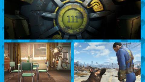 a graphic showing three screenshots from fallout 4 on top of a light blue background. one shows the giant lock on the door of a vault. another shows a Mister Orderly robot hovering in a vault home. and then third shows a man in a blue jumpsuit standing next to a german shepherd dog. 