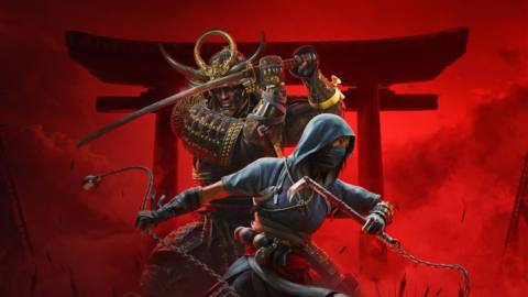 Artwork of Assassin’s Creed Shadows featuring ninja Naoe and samurai Yasuke posing with weapons drawn in front of a torii gate
