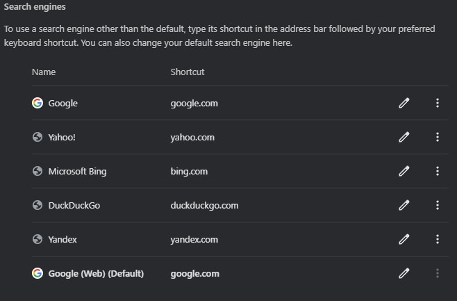 images from Chrome settings directing the user to setting a new default search tool