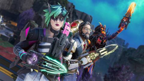 Alter holds a blade while standing in front of a character with glasses in key art for Apex Legends Season 21.