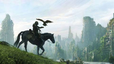 Key art of an ape riding a horse with a falcon perching atop their arm with the overgrown ruins of a city in the background.