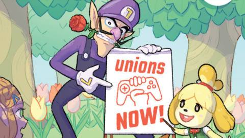 Isabelle (from Animal Crossing) and Wario pointing to a sign that says “Unions NOW!”