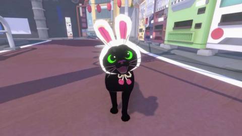An image of a cute black cat wearing little bunny ears in Little Kitty, Big City. 
