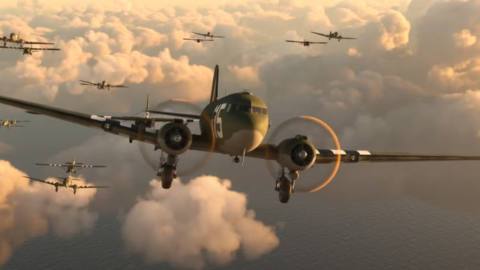 An in-game screenshot from Microsoft Flight Simulator showcasing the C-47 skytrain