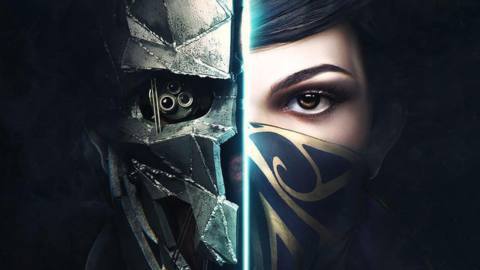 Key art for Dishonored 2 depicting two halves of two faces; on the left, a face wearing an armored helmet, and on the right, a face wearing a cloth mask