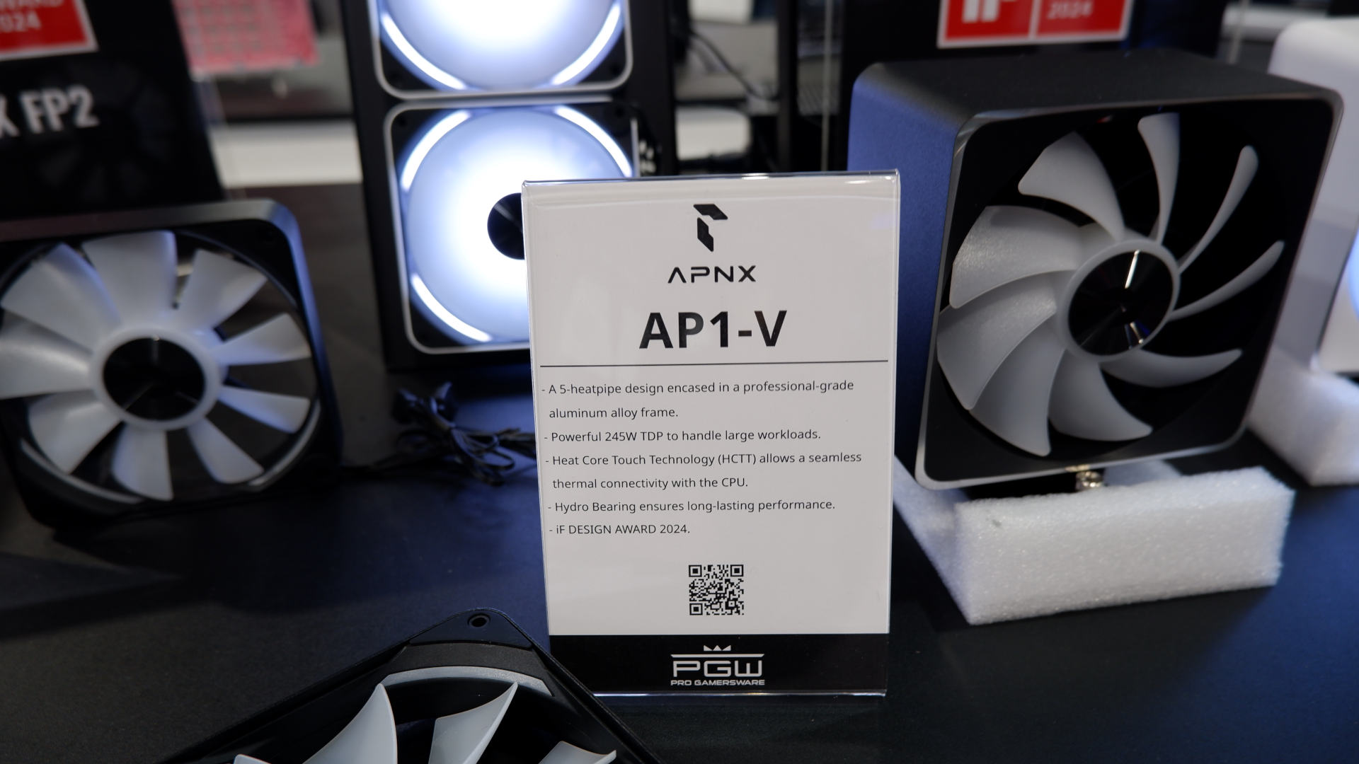 A photo of an Aerocool Apnx AP1-V CPU cooler display at Computex 2024