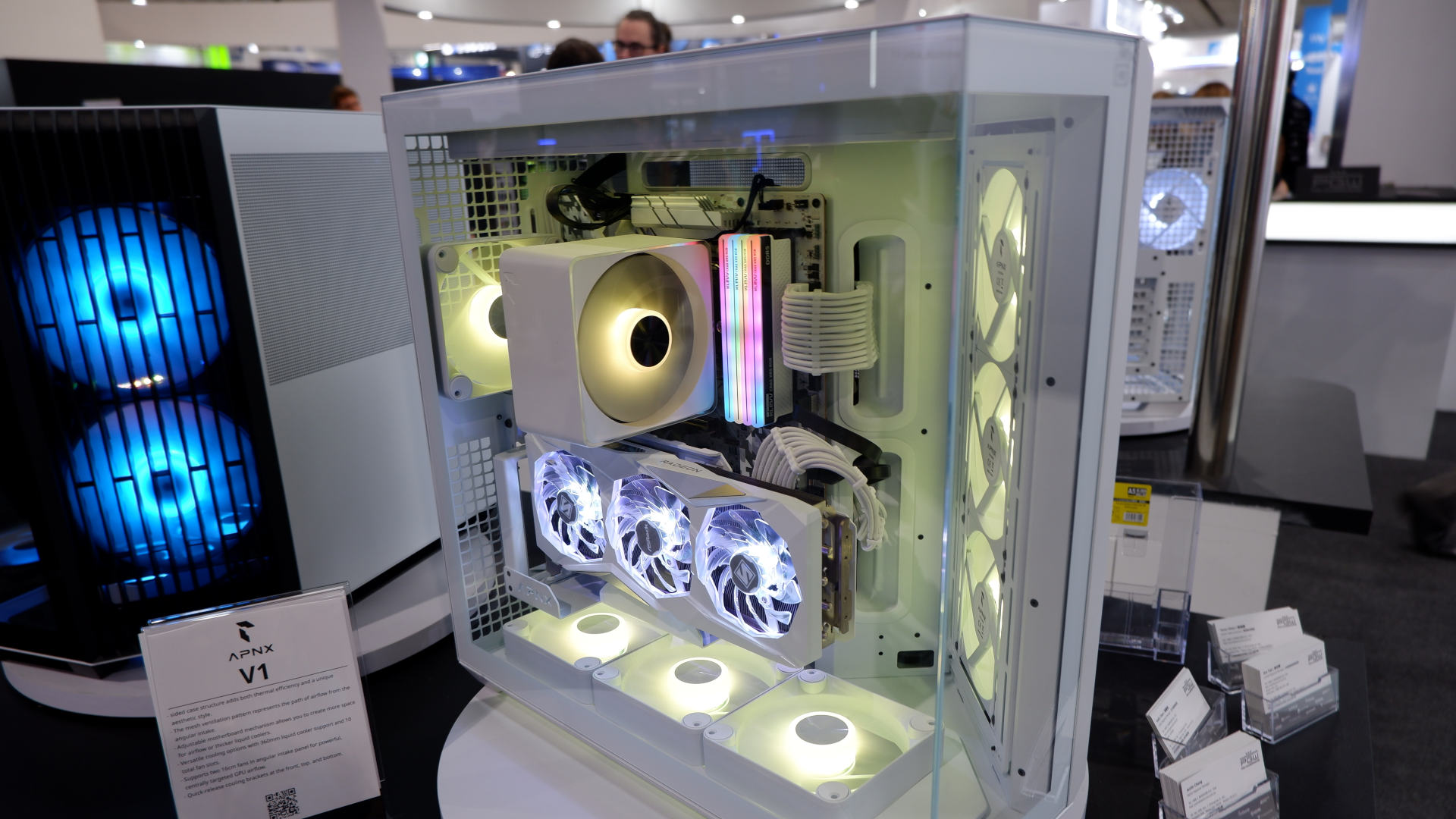An Aercool PC case, demonstrating the use of the Apnx AP1-V CPU cooler, on display at Computex