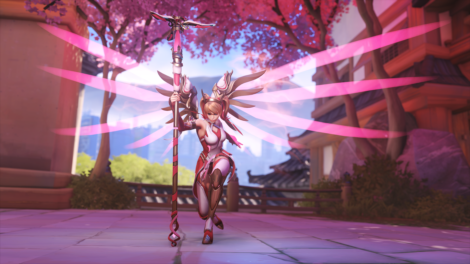 Overwatch 2 Pink Mercy skin with bright background