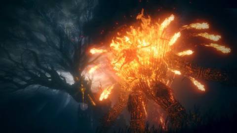 A Furnace Golem spews fireballs from its basket in a screenshot from Elden Ring: Shadow of the Erdtree