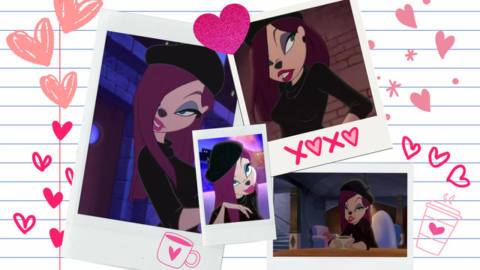 A graphic showcasing pictures of an anthropomorphic dog woman with a black beret, long hair, and sultry purple eyeshadow surrounded by pink hearts and doodles. There are also a few coffee cups with heart doodles. 