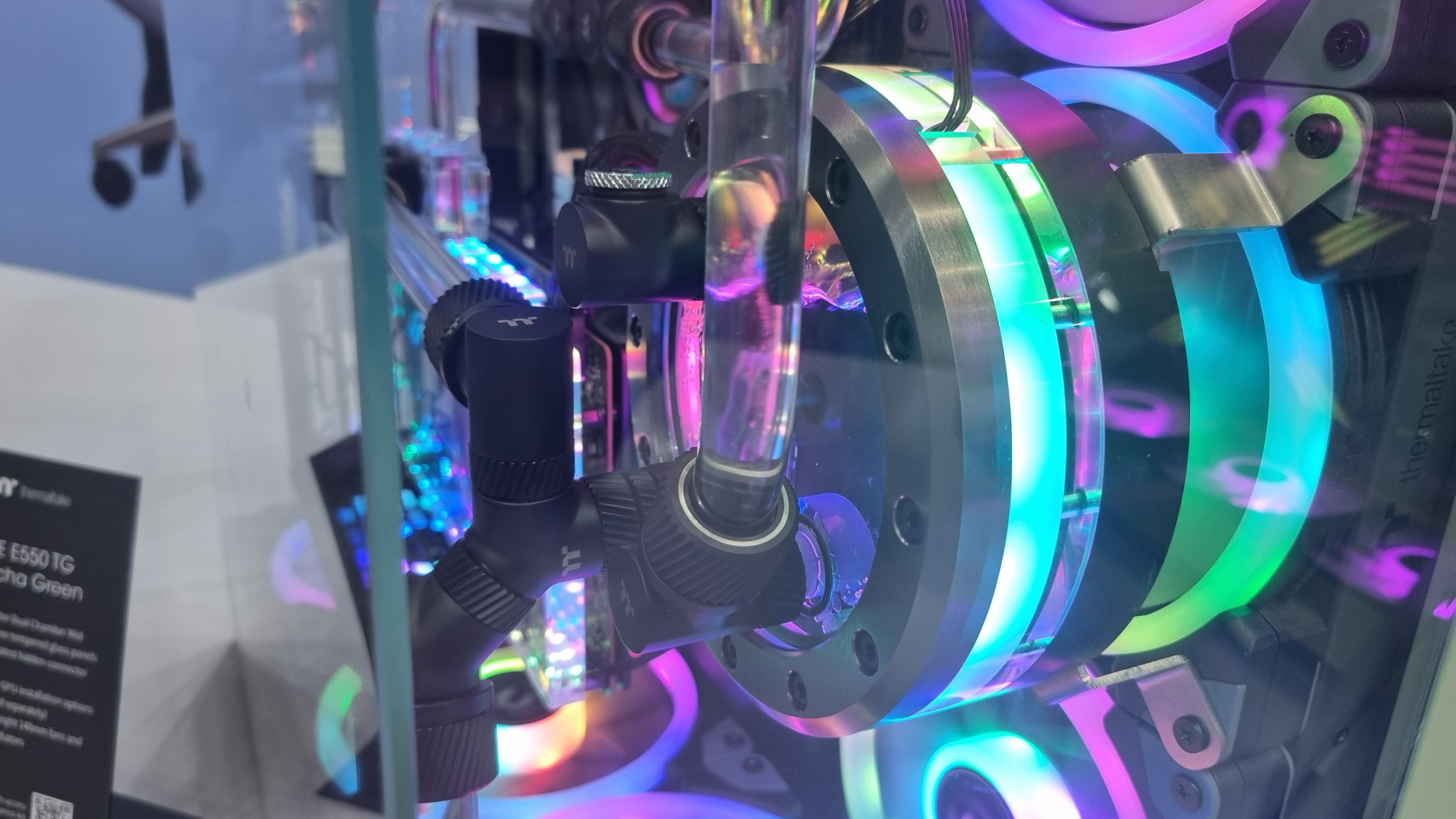 A transparent, RGB lit water cooling CPU block at Computex 2024