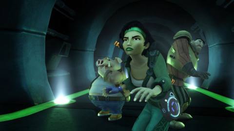 Jade, Pey’j and Mino stand at the ready in a tunnel in a screenshot from Beyond Good &amp; Evil - 20th Anniversary Edition&nbsp;