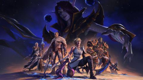 Key art for the upcoming World of Warcraft expansion The War Within, showing Alleria Windrunner, Thrall, Jaina Proudmoore, and Anduin Wrynn standing defiant. In the background, the Void Goddess Xal’atath seemingly holds them all in her grasp.