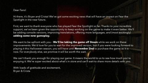 Fear the Spotlight continued development announcement