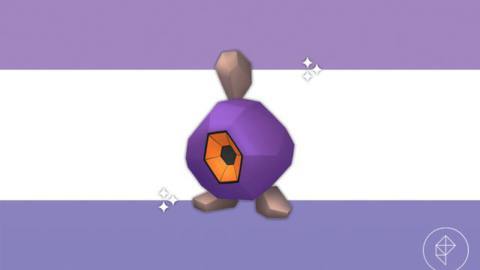 Shiny Roggenrola on a purple gradient background