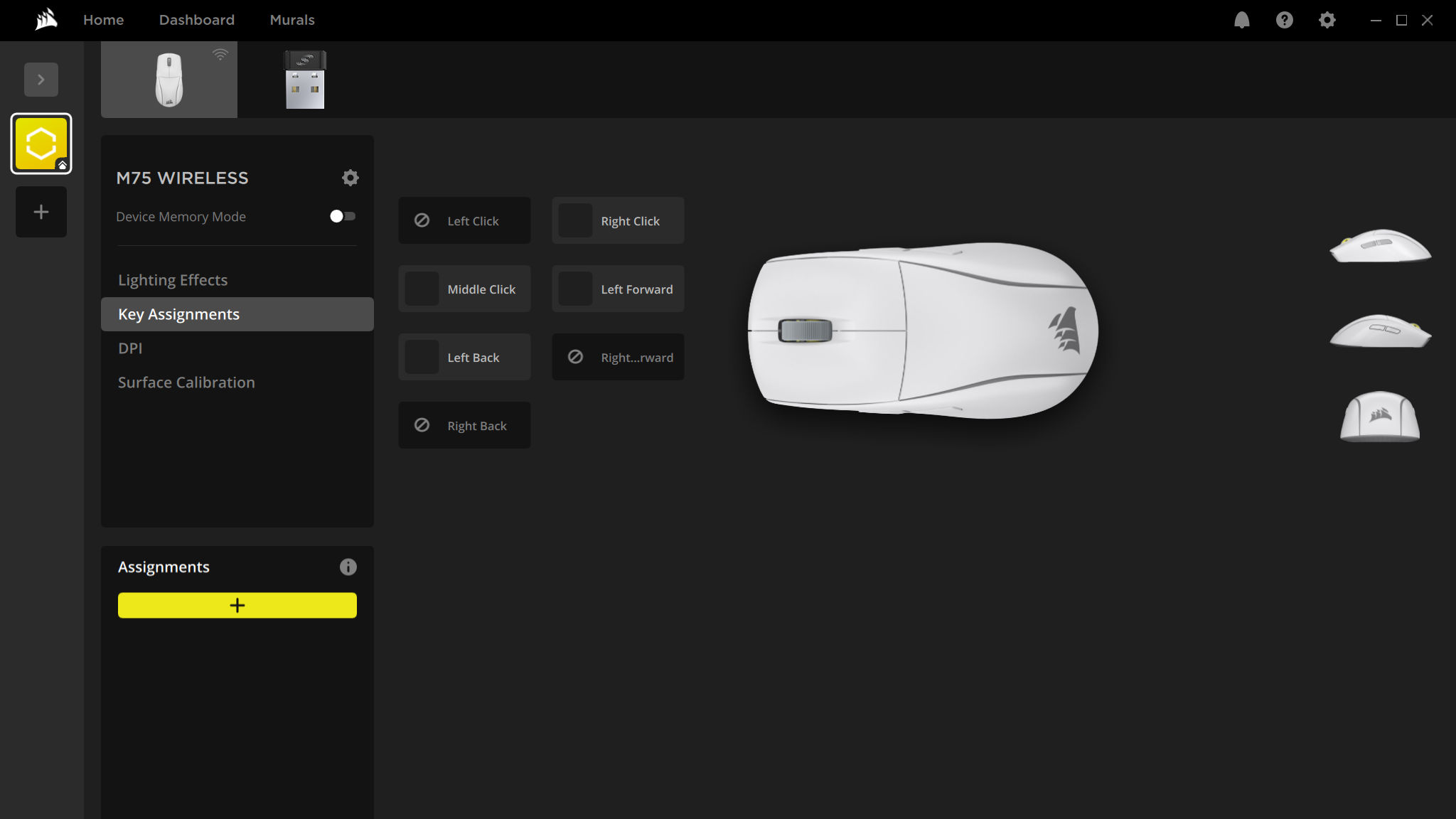 Screenshots of Corsair's iCUE application, showing the software controls for the Corsair M75 Wireless gaming mouse