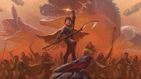 Paul Atreides holds a maker knife and a worm-riding stave triumphantly as he leads his forces into battle. Behind him fleets of dropships cruise in behind three Shai Hulud sandworms.