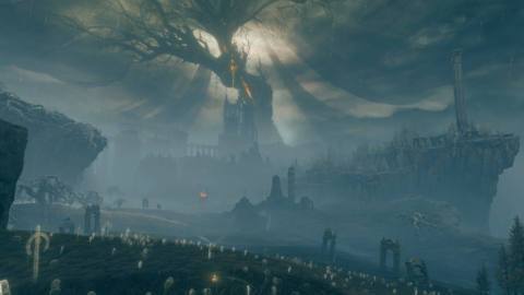 The Erdtree casts a Shadow over a graveyard in Elden Ring DLC.