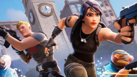 Promotional art for Fortnite Reload. It shows four Fortnite characters with their guns pointed outward at Tilted Towers.