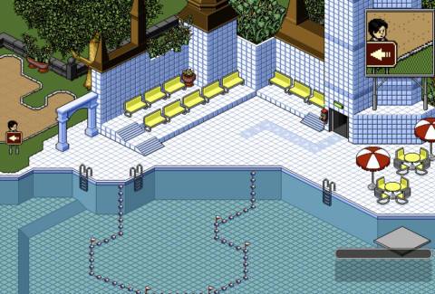 Habbo Hotel screenshot on a poolside scene. There’s just one person standing off to the side.