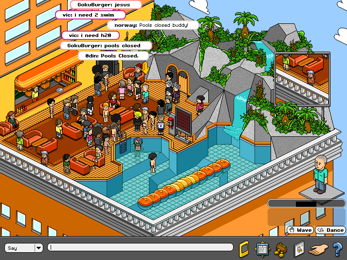 A picture of a pool in Habbo Hotel, which is, one can intuit, closed.