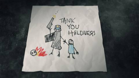 A childish drawing of a Helldiver holding the hand of a smiling child next to a burning alien skull with the words ‘TANK YOU HELDIVERS’