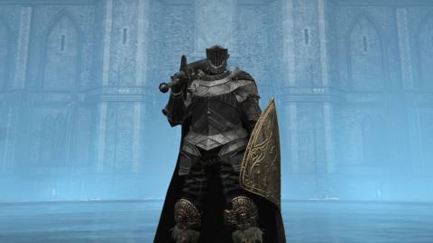 A tall dark knight stands in the middle of blue fog in the Elden Ring DLC