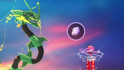 Mega Rayquaza next to a Meteorite in Pokémon Go