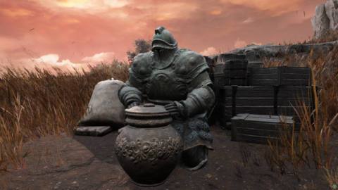 Moore, a beefy knight, sitting behind a pot.