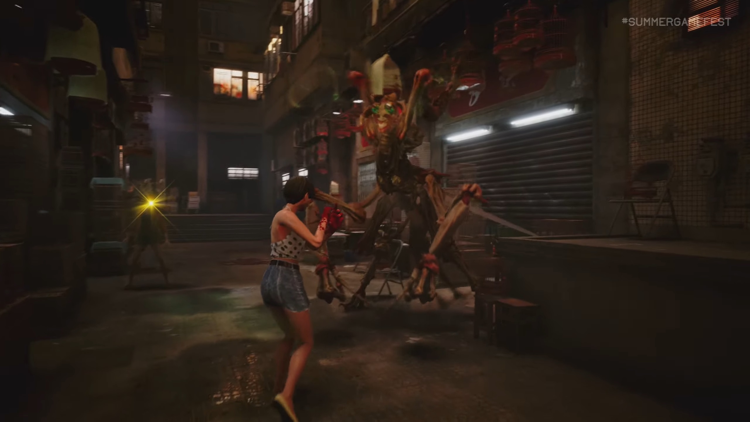 Slitterhead gameplay reveal showing grungy Tokyo streets, people with red eyes, and strange monsters bursting out of people