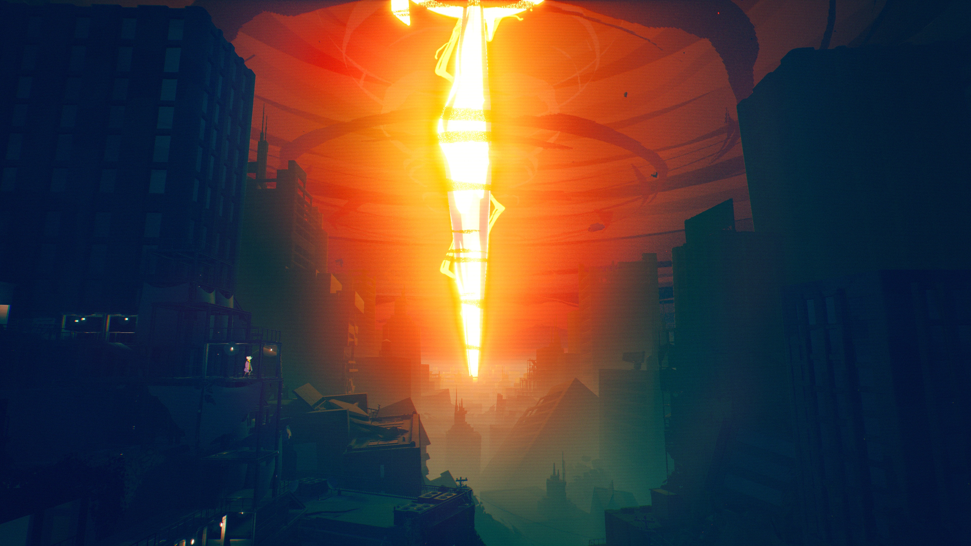 pillar of light in ruined city