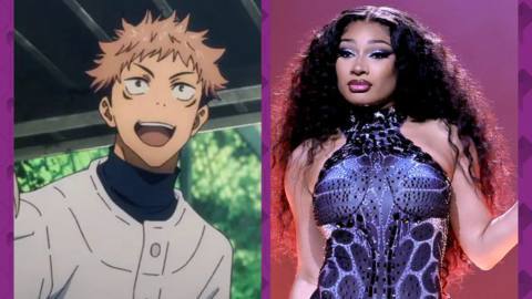 A graphic showing two side by side images over a purple background. The right is a photo of Megan Thee Stallion on stage and the left is a screenshot showing Yuji Itadori from Jujutsu Kaisen. 