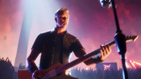 An image of James Hetfield from Metallica playing guitar in Fortnite.