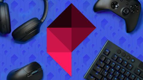 The Polygon logo against a blue background, with headphones, a mouse and keyboard, and a controller
