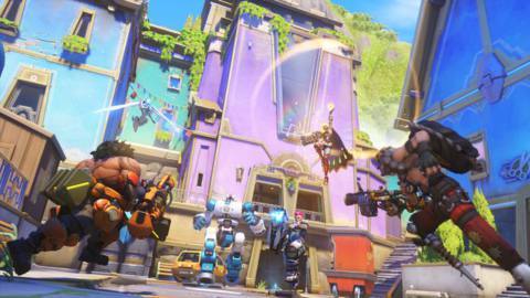 Mauga, Junkrat, Ilari, Echo, and Zarya battle over the robot on the Runapasi map in Overwatch 2