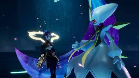 An image from Palworld, showing the new raid boss with flowing sleeves enscribed with glowing gold embroidery, and a giant floating gold collar, over a form fitting black outfit. She is standing against the background of a floating purple moon, next to her Pal of choice, a large humanoid creature with a flowing dress-like body