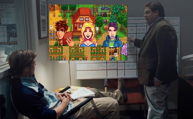 the film Moneyball with Jonah Hill's character pointing at a screenshot of stardew valley on a bulletin board