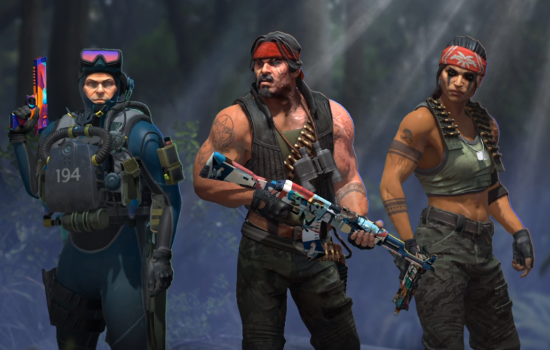Three of the agents from CS:GO's operation Riptide pose with their guns menacingly.