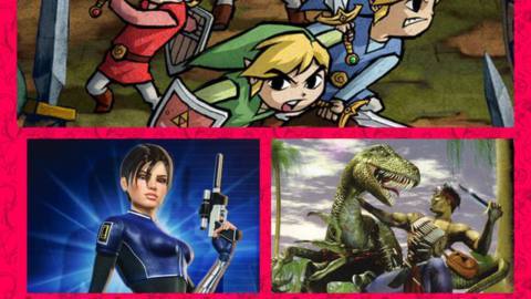 A graphic showing images of three games coming to Nintendo’s premium subscription service. The top image shows Link in four differently colored tunics in Four Swords, the bottom left shows a perfect dark, and the bottom right shows Turok. 