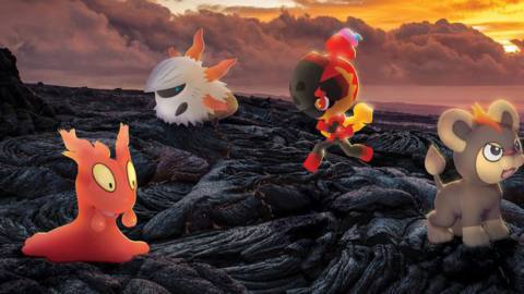 Slugma, Charcadet, Larvesta, and Litleo on some lava rock in Pokémon Go